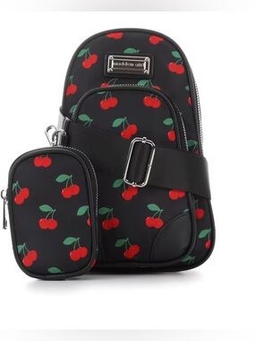 Madden Girl Black Cherry Print Sling Backpack with Pouch